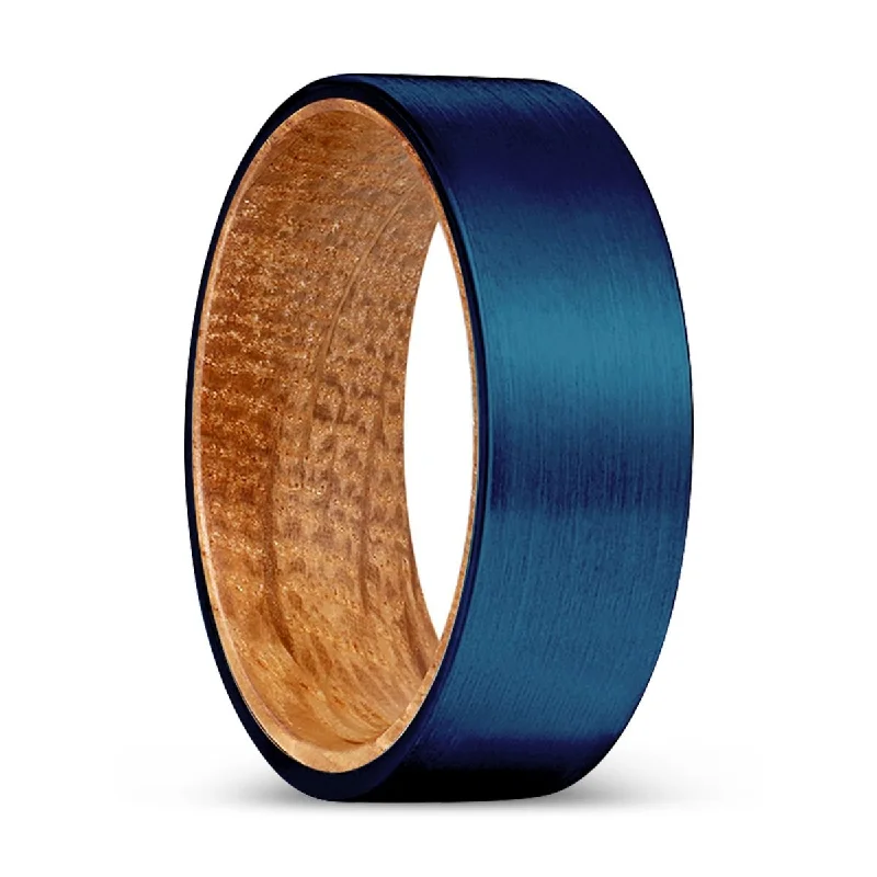 Women’s rose gold wedding ring-SAVAGE | Whiskey Barrel Wood, Blue Tungsten Ring, Brushed, Flat