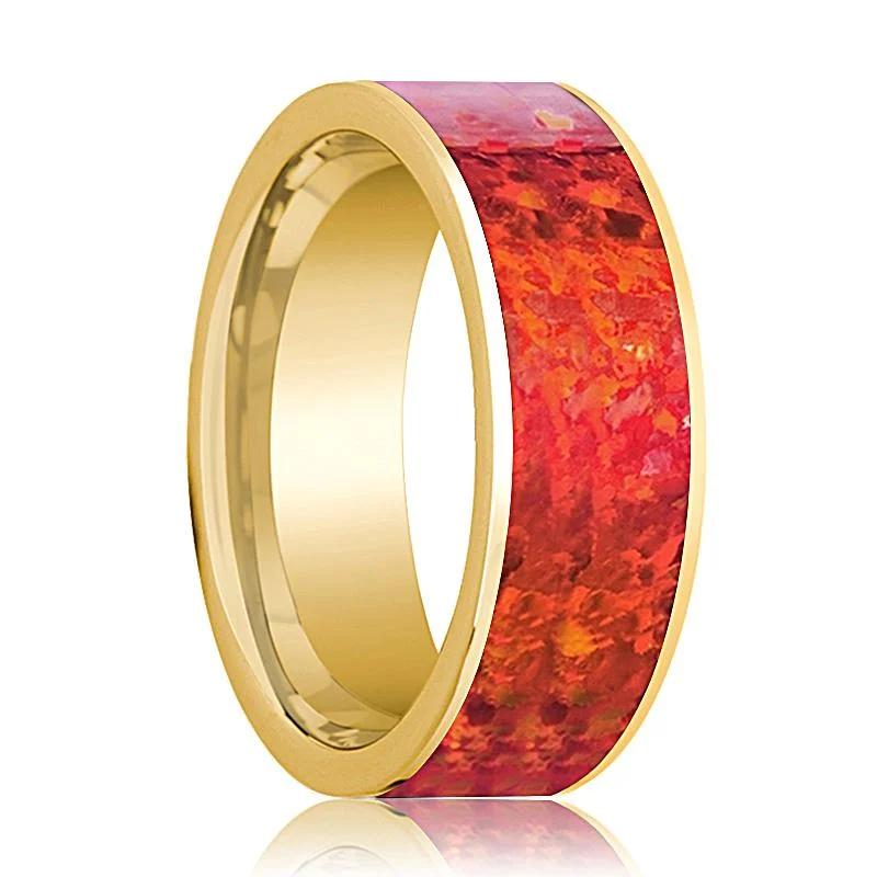 Women’s round diamond wedding band-Men's Flat 14k Yellow Gold Wedding Band with Red Opal Inlay & Polished Finish - 8MM