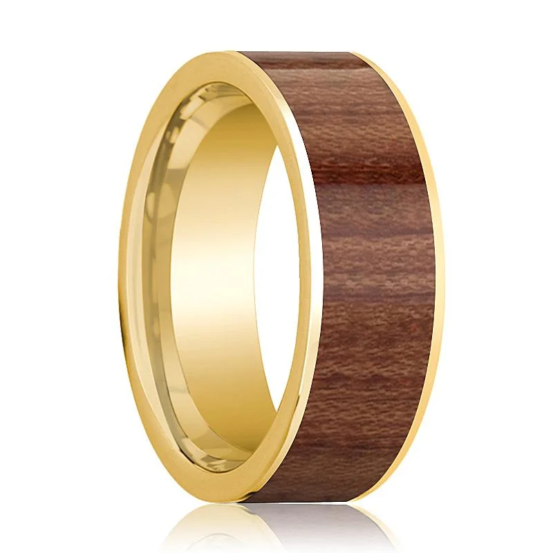 Women’s pear-shaped engagement ring-Polished 14k Yellow Gold Flat Wedding Band for Men with Rose Wood Inlay - 8MM