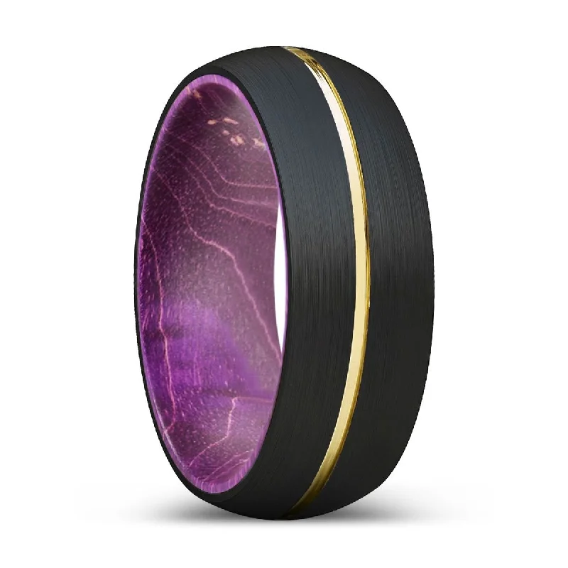 Women’s modern engagement ring-AKRABO | Purple Wood, Black Tungsten Ring, Gold Groove, Domed