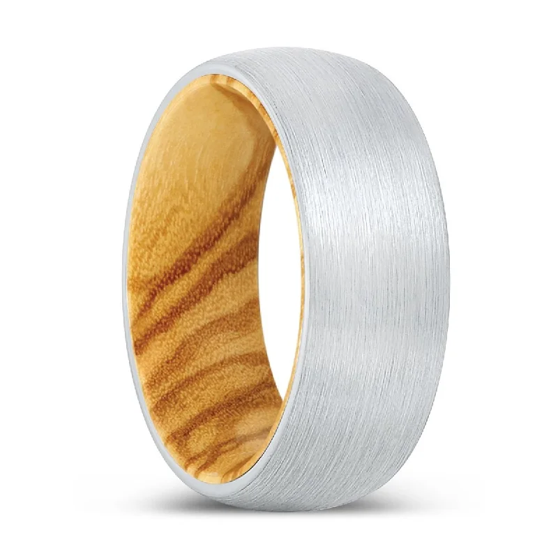 Women’s men’s engagement ring-BOUNTIFUL | Olive Wood, White Tungsten Ring, Brushed, Domed