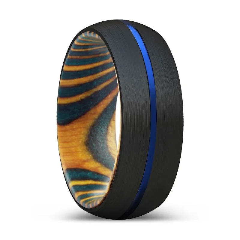 Women’s custom diamond ring-CHRISTIAN | Green & Yellow Wood, Black Tungsten Ring, Blue Groove, Domed