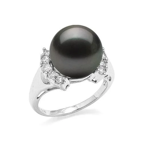 Women’s sapphire engagement rings-Tahitian Black Pearl Ring in White Gold with Diamonds - 12-13mm