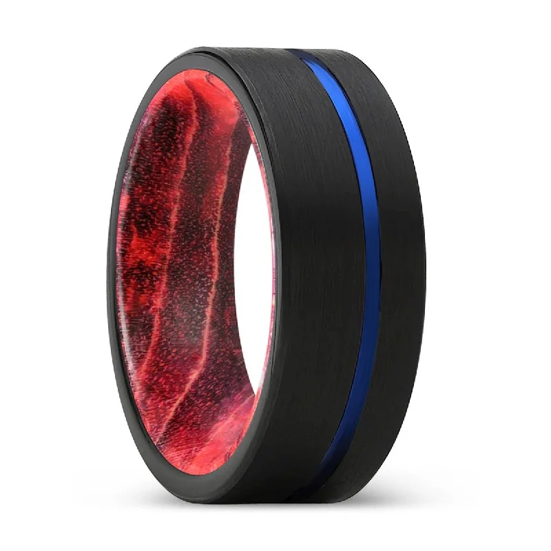 Women’s unique promise ring-NEFARIOUS | Black & Red Wood, Black Tungsten Ring, Blue Offset Groove, Flat