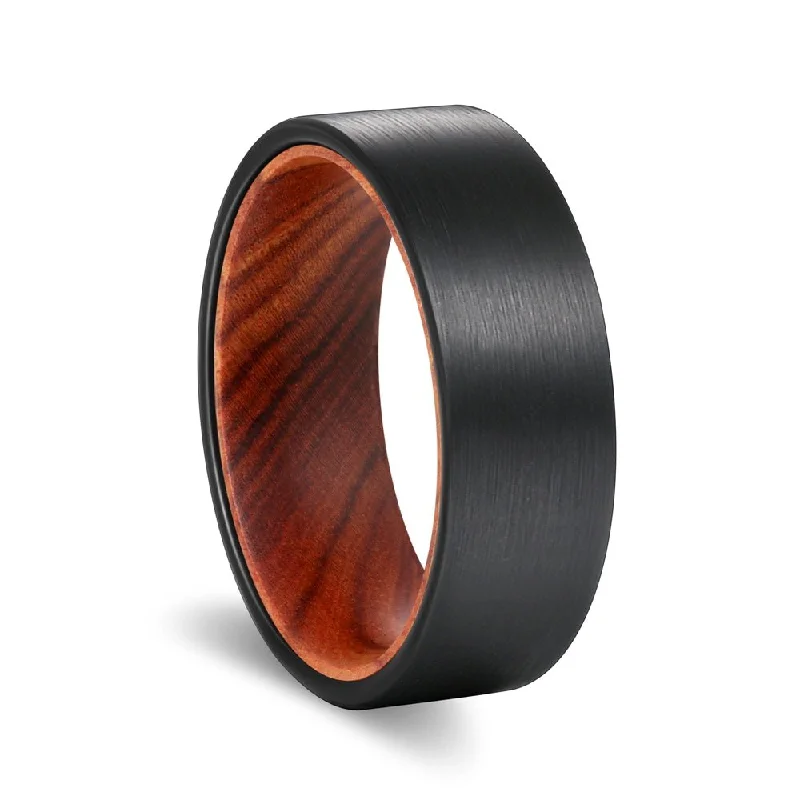 Women’s elegant sapphire ring-QUEST | Iron Wood, Black Flat Brushed Tungsten