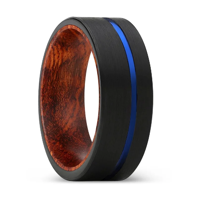 Women’s gemstone wedding ring-BRUSCHI | Snake Wood, Black Tungsten Ring, Blue Offset Groove, Flat