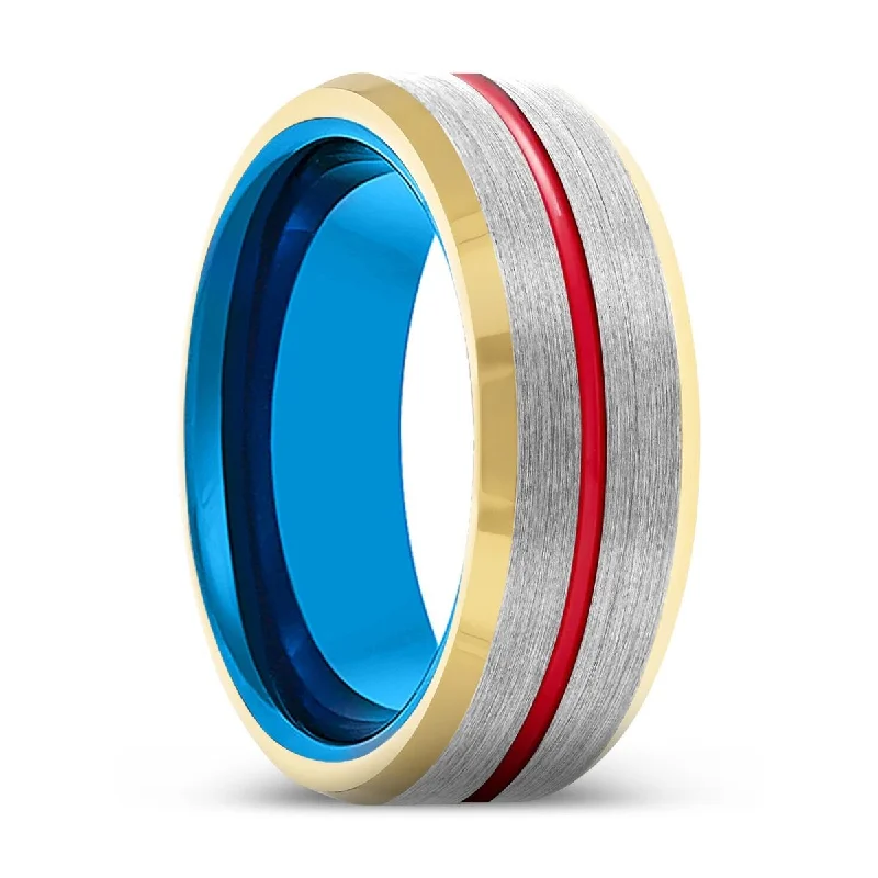 Women’s platinum ring-HAWKEYE | Blue Tungsten Ring, Silver Tungsten Ring, Red Groove, Gold Beveled Edge