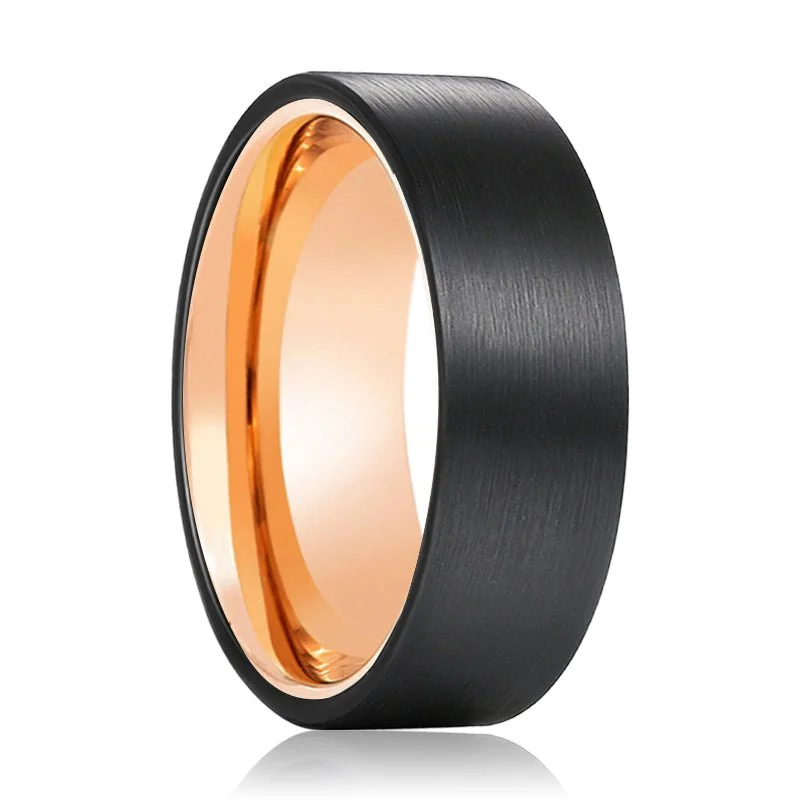 Women’s wedding ring with colored diamonds-SCARLET | Rose Gold Tungsten Ring Black Brushed Flat