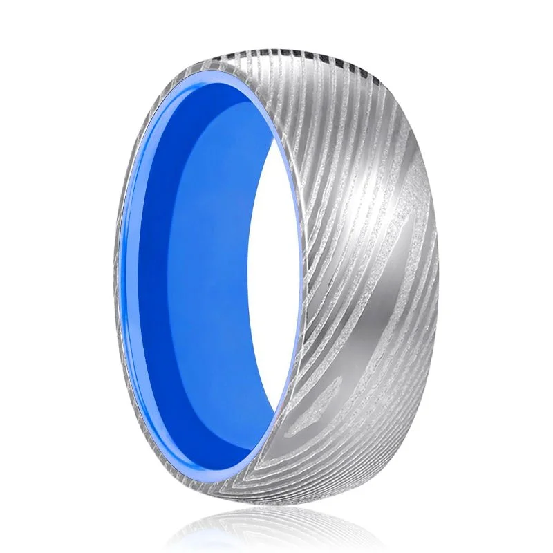 Women’s silver engagement ring-SMURF | Blue Ring, Silver Damascus Steel, Domed