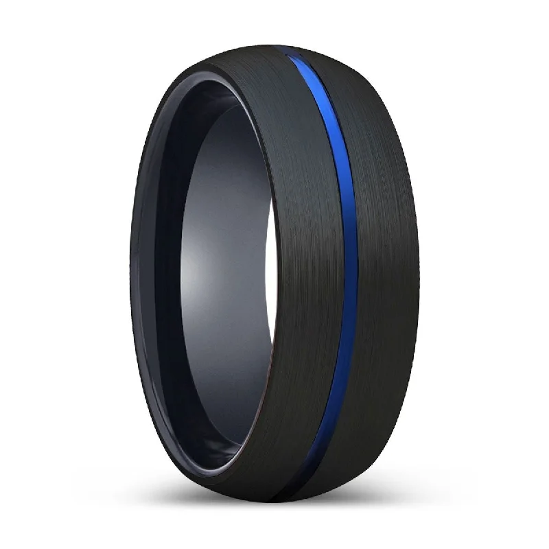 Women’s wedding ring with gemstones-FORTUNE | Black Ring, Black Tungsten Ring, Blue Groove, Domed