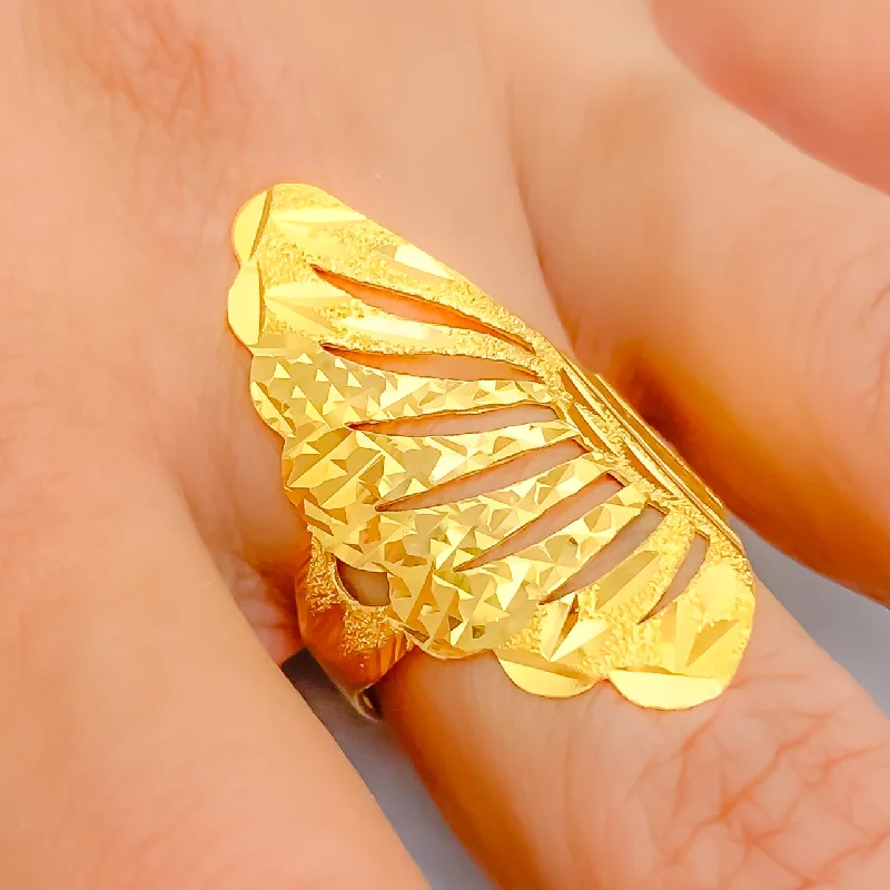 Women’s floral engagement ring-Reflective Asymmetrical 21k Gold Feather Ring