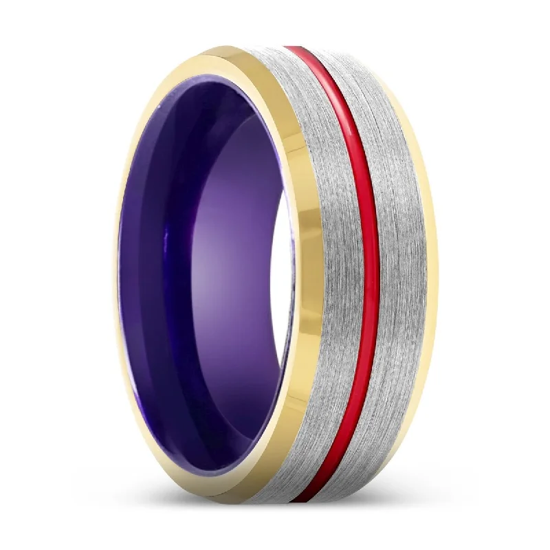 Women’s vintage diamond ring-LYNX | Purple Ring, Silver Tungsten Ring, Red Groove, Gold Beveled Edge