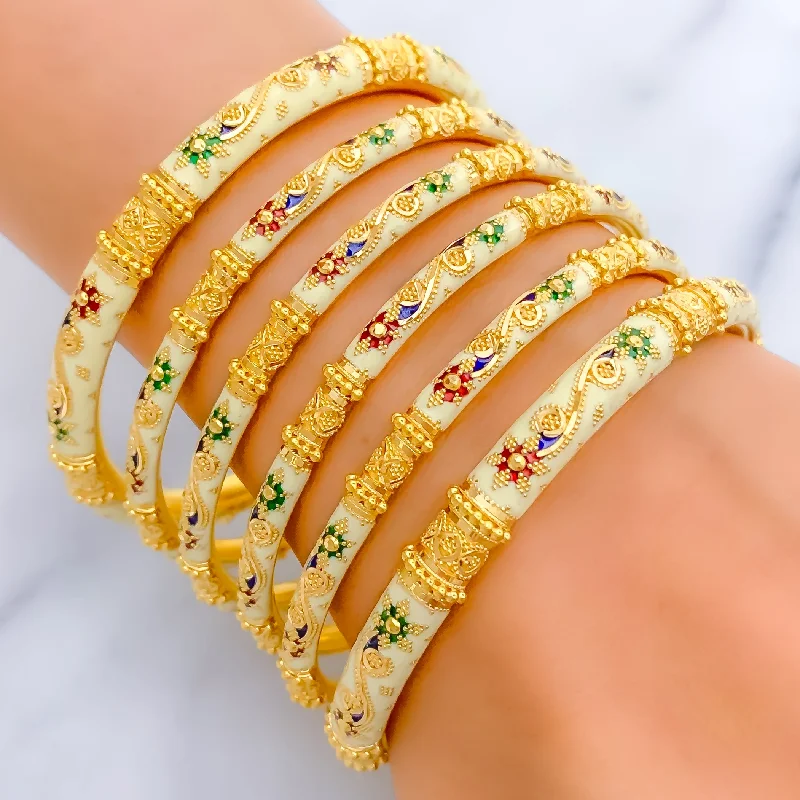 Women’s birthstone bangle-Royal Ornate White Enameled 22k Gold Bangle Set