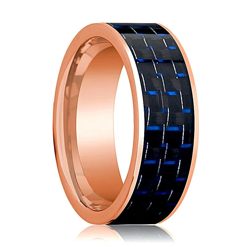 Women’s unique wedding ring-Polished 14k Rose Gold Wedding Band for Men with Blue and Black Carbon Fiber Inlay Flat Design - 8MM