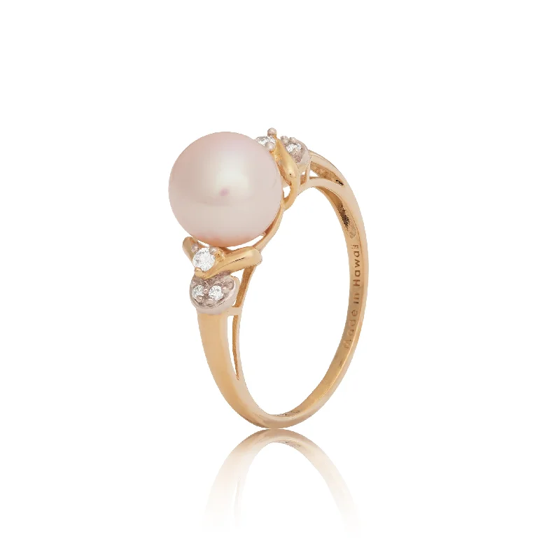 Women’s rose gold diamond engagement rings-Freshwater White Pearl Ring in Gold with Diamonds - 8-9mm