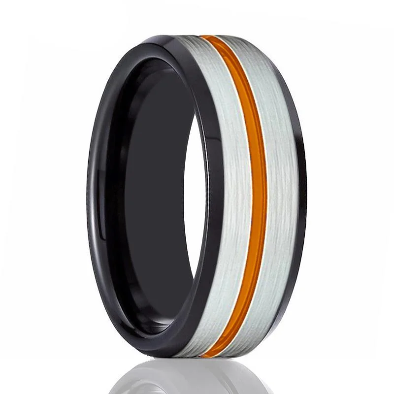 Women’s vintage engagement rings with a twist-ZORRO | Black Ring, Silver Brushed Orange Groove Black Beveled