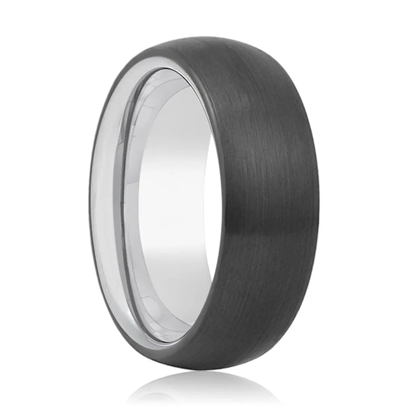 Women’s designer engagement rings-RAZOR | Silver Ring, Black Tungsten Ring, Brushed, Domed