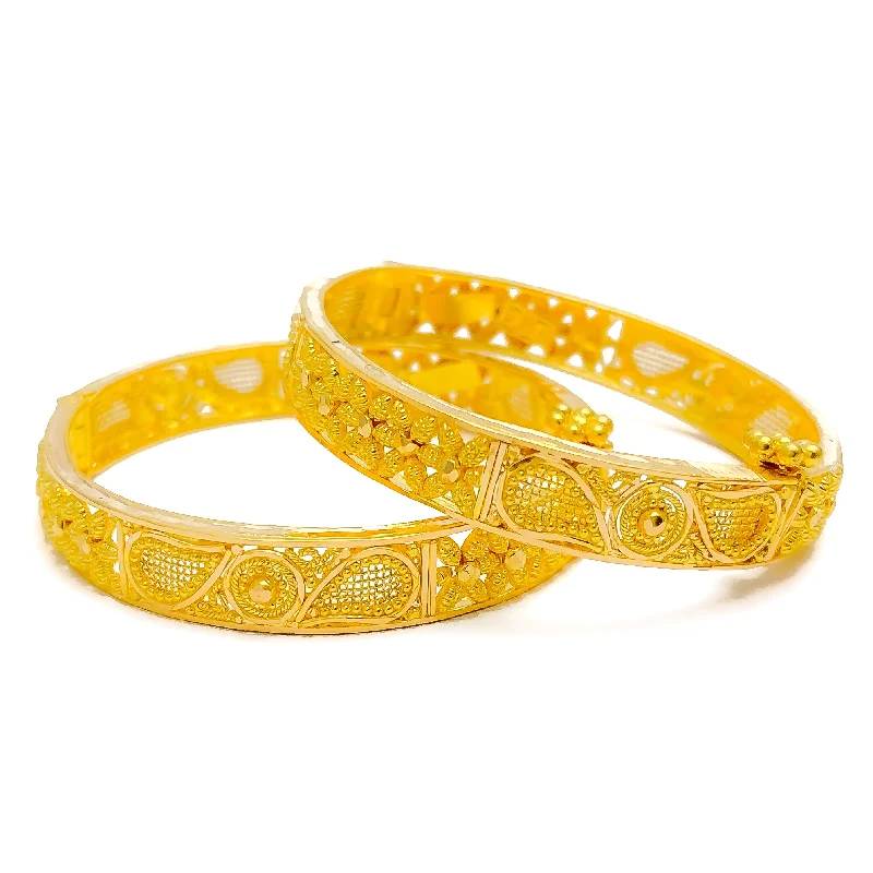 Women’s sterling silver bangle-Decorative Floral Paisley 22k Gold Baby Bangles