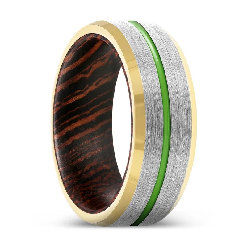 Women’s engagement ring with emerald-SAVANT | Wenge Wood, Silver Tungsten Ring, Green Groove, Gold Beveled Edge