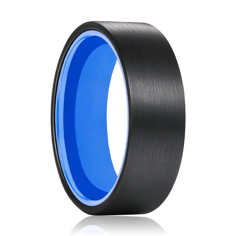 Women’s custom engagement ring-GONZO | Blue Ring, Black Flat Brushed Tungsten Ring