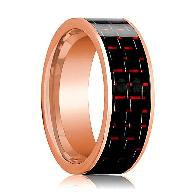 Women’s chunky engagement ring-Flat Polished 14k Rose Gold Men's Wedding Band with Black and Red Carbon Fiber Inlay