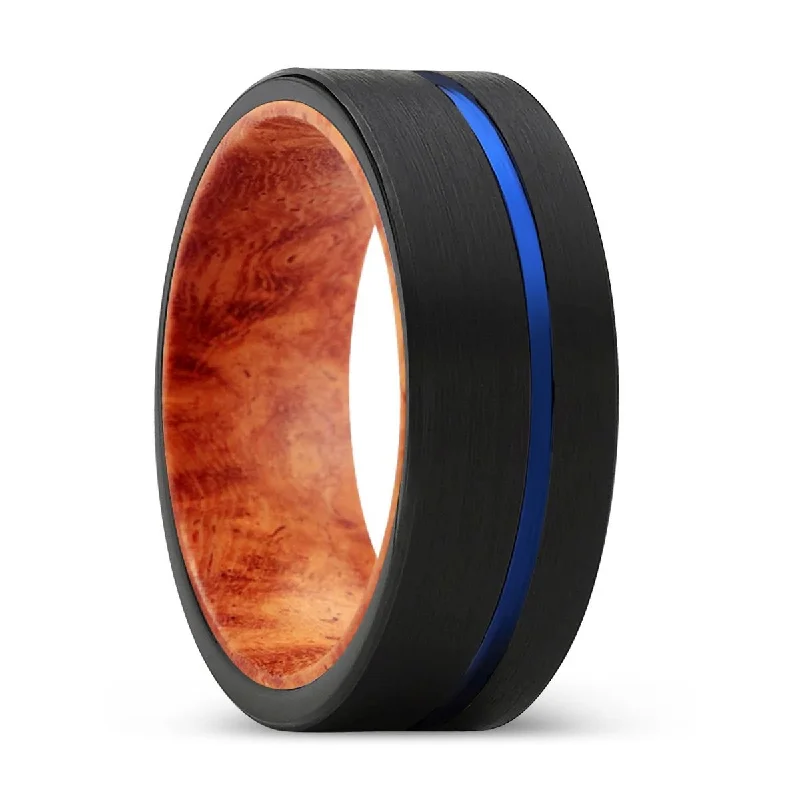 Women’s antique engagement ring-DYNASTY | Red Burl Wood, Black Tungsten Ring, Blue Offset Groove, Flat