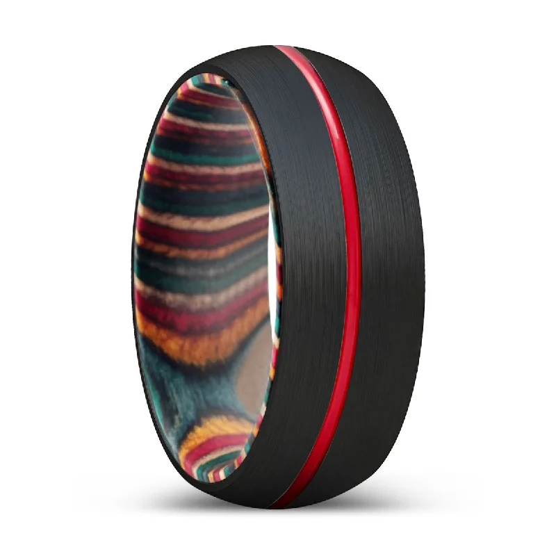 Women’s trendy gold rings-SKITTLE | Multi Color Wood, Black Tungsten Ring, Red Groove, Domed