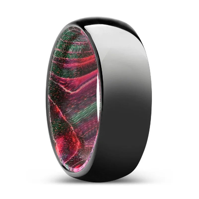 Women’s elegant diamond ring-WILDWOOD | Green & Red Wood, Black Tungsten Ring, Shiny, Domed