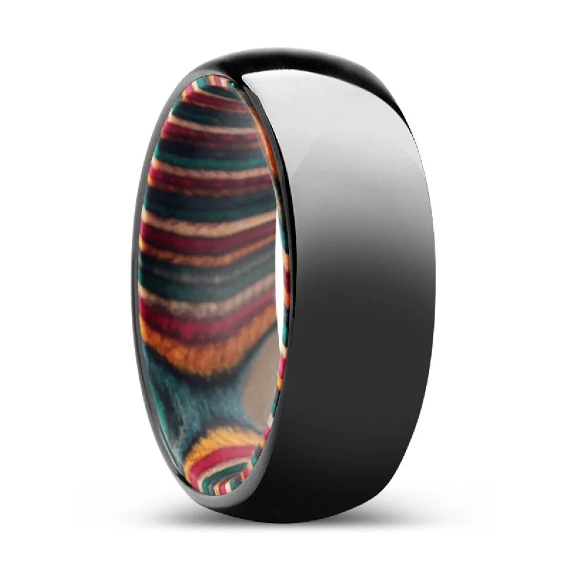 Women’s rose gold wedding ring-DRIFTWOOD | Multi Color Wood, Black Tungsten Ring, Shiny, Domed