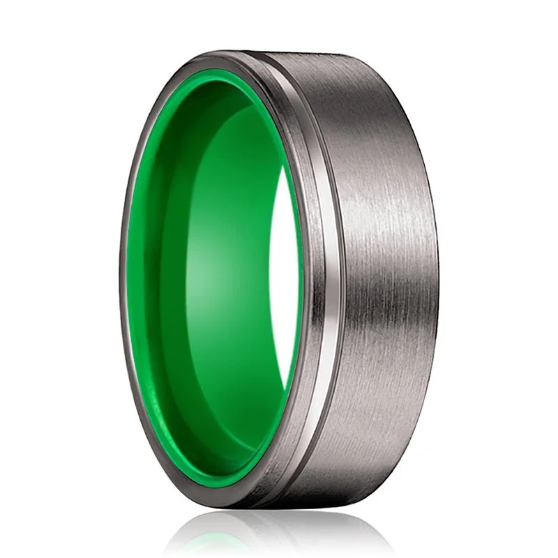 Women’s antique engagement ring-RIBBET | Green Ring, Gunmetal Tungsten Offset Groove