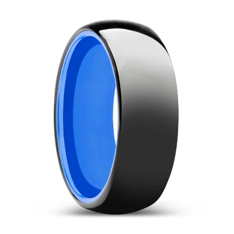 Women’s gemstone wedding ring-LEGION | Blue Ring, Black Tungsten Ring, Shiny, Domed