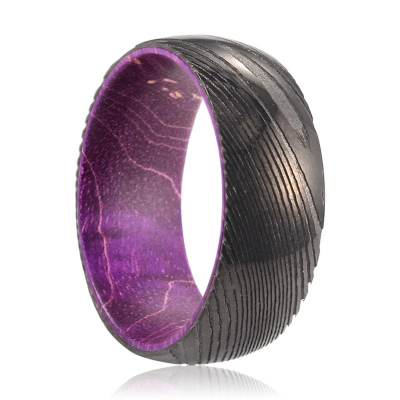 Women’s personalized wedding ring-WINKLE | Purple Wood, Gunmetal Damascus Steel Ring, Domed