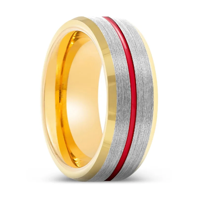 Women’s vintage engagement rings with a twist-FALCON | Gold Ring, Silver Tungsten Ring, Red Groove, Gold Beveled Edge