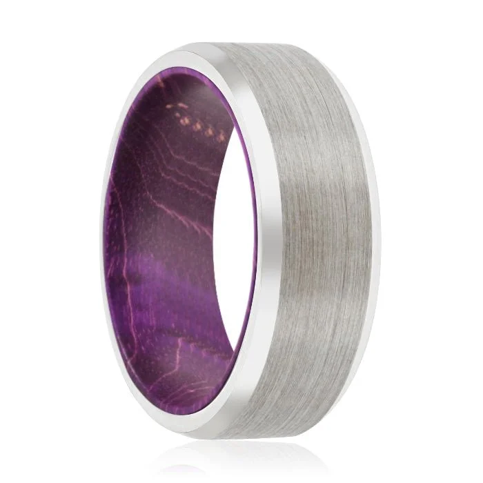 Women’s ring with emerald cut diamond-CORC | Purple Wood, Silver Tungsten Ring, Brushed, Beveled