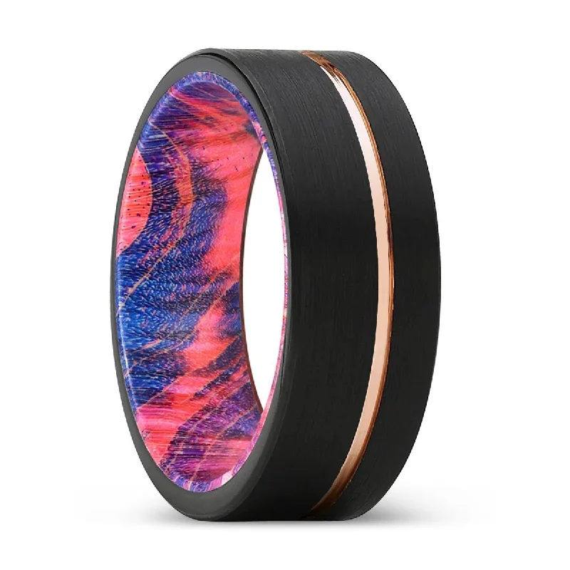 Women’s wedding band for her-ZEAL | Blue & Red Wood, Black Tungsten Ring, Rose Gold Offset Groove, Brushed, Flat