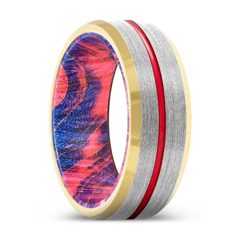 Women’s engagement ring with diamond-MASTERY | Blue & Red Wood, Silver Tungsten Ring, Red Groove, Gold Beveled Edge