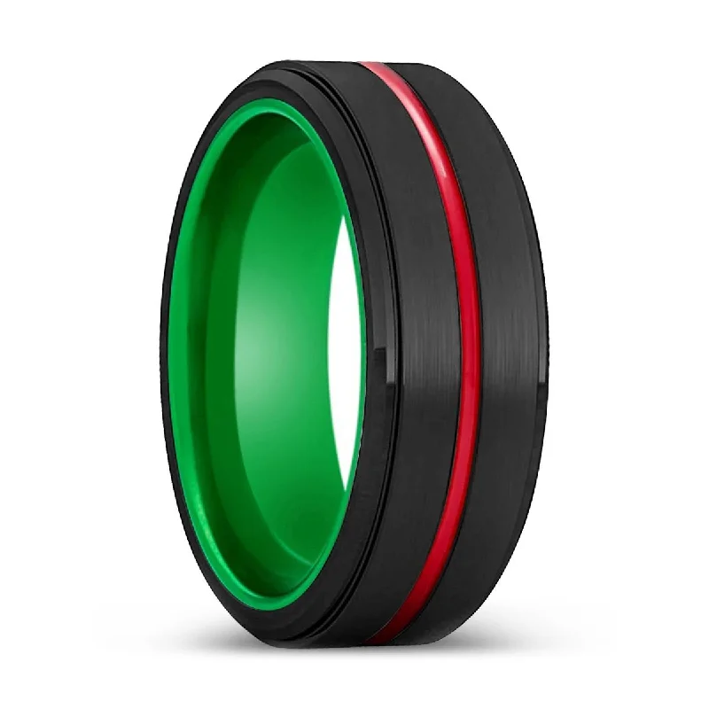 Women’s elegant wedding ring-RINDE | Green Ring, Black Tungsten Ring, Red Groove, Stepped Edge