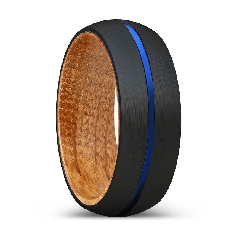 Women’s wedding rings for women-SIGGIE | Whiskey Barrel Wood, Black Tungsten Ring, Blue Groove, Domed