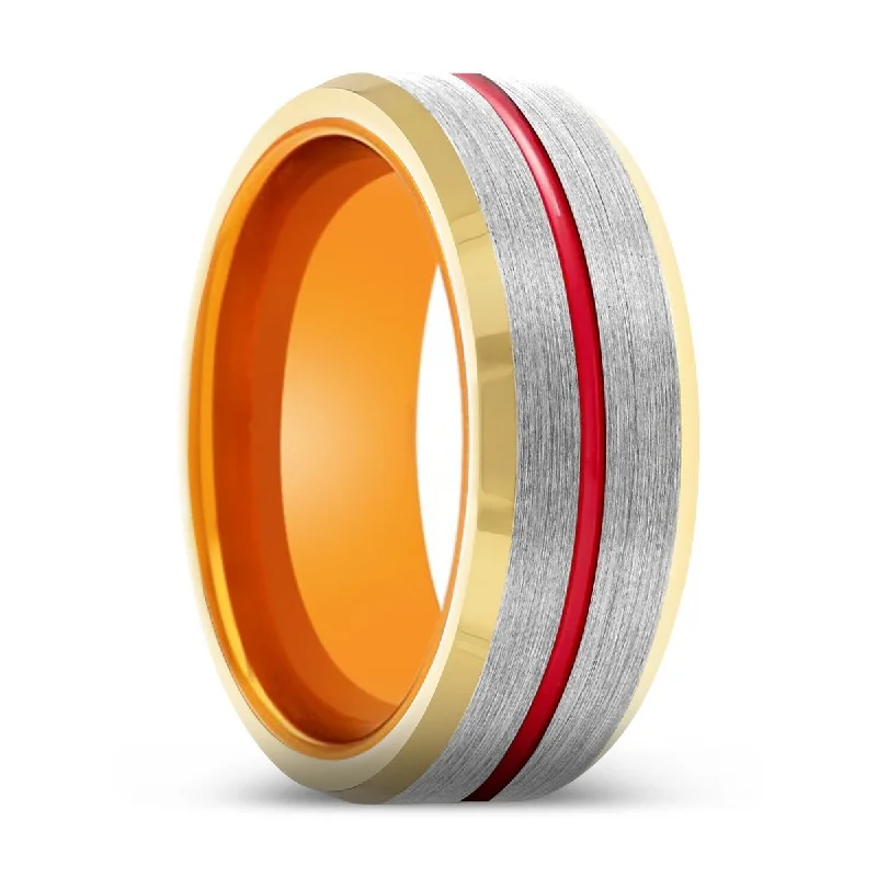 Women’s diamond solitaire ring-TRIBAL | Orange Ring, Silver Tungsten Ring, Red Groove, Gold Beveled Edge