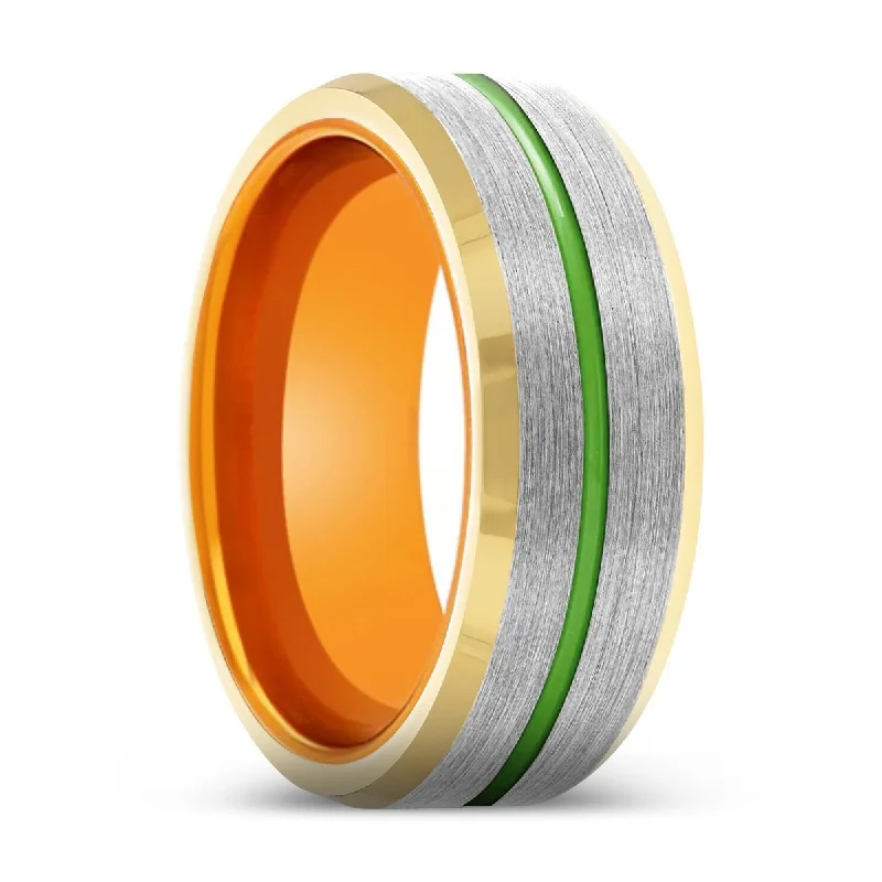 Women’s sapphire engagement ring-CRUSADER | Orange Ring, Silver Tungsten Ring, Green Groove, Gold Beveled Edge