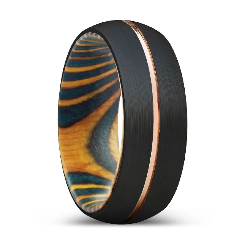 Women’s classic gold ring-HERMEN | Green & Yellow Wood, Black Tungsten Ring, Rose Gold Groove, Domed