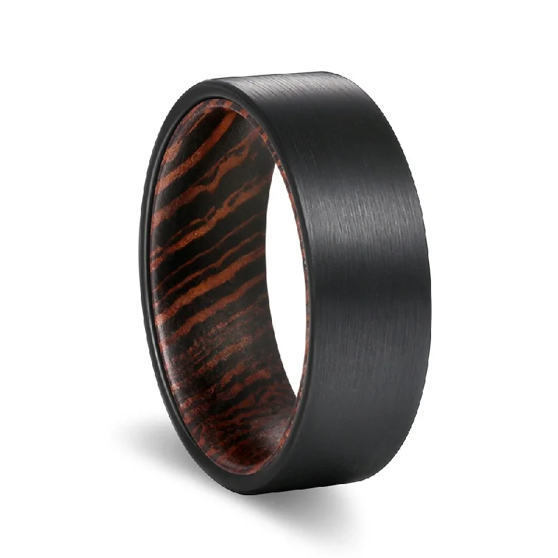 Women’s classic engagement ring-SPEAR | Wenge Wood, Black Flat Brushed Tungsten