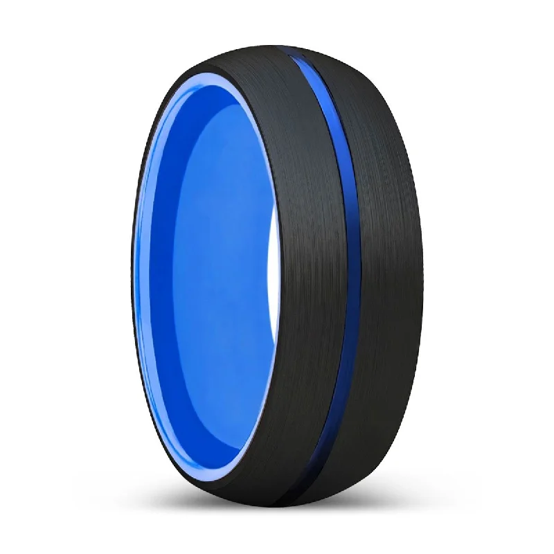 Women’s yellow gold wedding ring-JOLT | Blue Ring, Black Tungsten Ring, Blue Groove, Domed