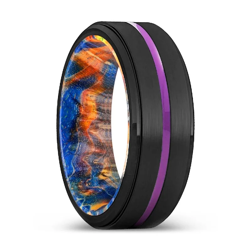 Women’s oval diamond engagement ring-HERVEY | Blue & Yellow/Orange Wood, Black Tungsten Ring, Purple Groove, Stepped Edge