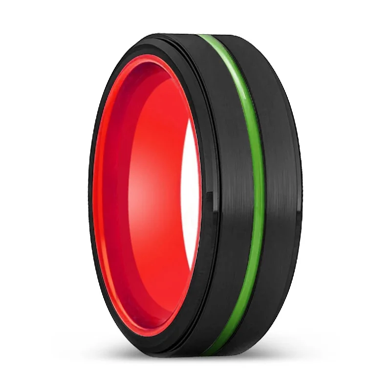 Women’s trendy gemstone ring-ROCKFORD | Red Ring, Black Tungsten Ring, Green Groove, Stepped Edge