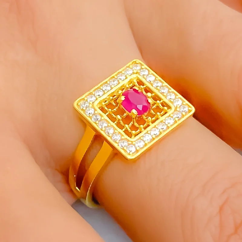 Women’s engagement ring with diamond-Jazzy Square 22k Gold CZ Statement Ring