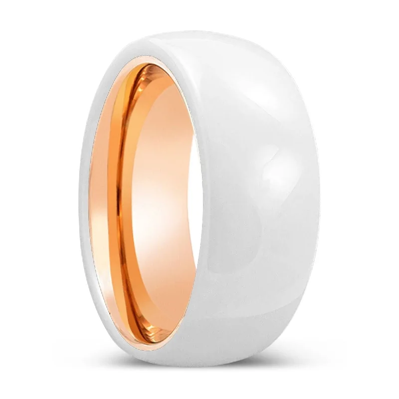 Women’s platinum wedding ring-TUSK | Rose Gold Ring, White Ceramic Ring, Domed