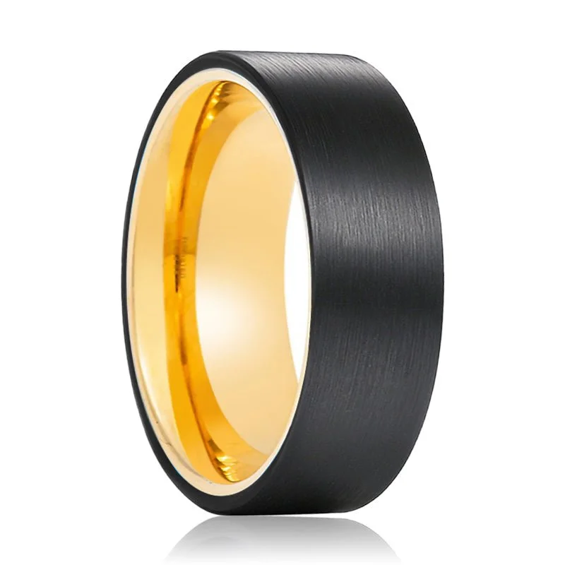 Women’s trendy platinum rings-CLEO | Gold Tungsten Ring Black Brushed Flat