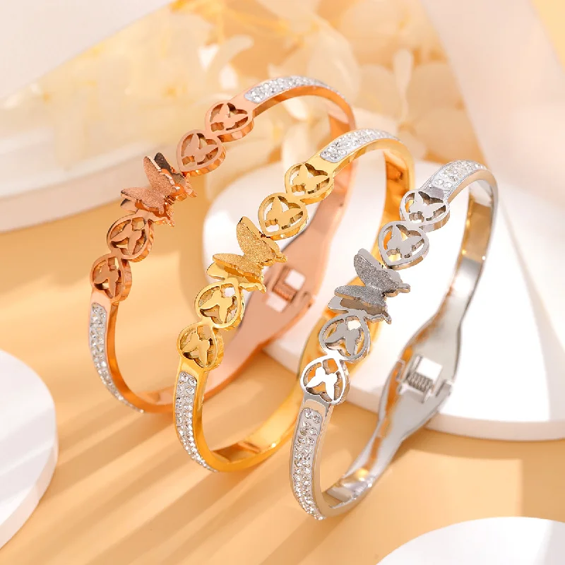 Women’s silver bangles-Simple Style Butterfly Titanium Steel Plating Inlay Rhinestones 18k Gold Plated Bangle