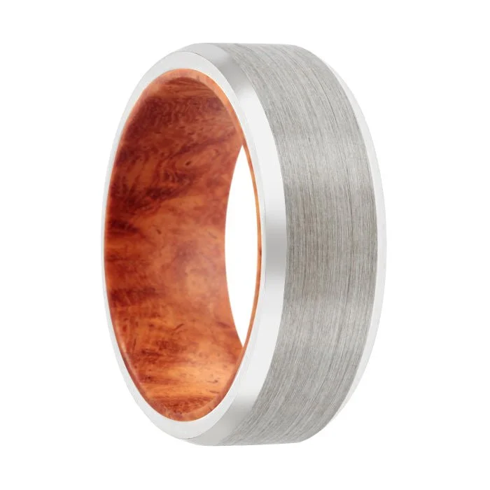 Women’s men’s engagement ring-AKAKO | Red Burl Wood, Silver Tungsten Ring, Brushed, Beveled